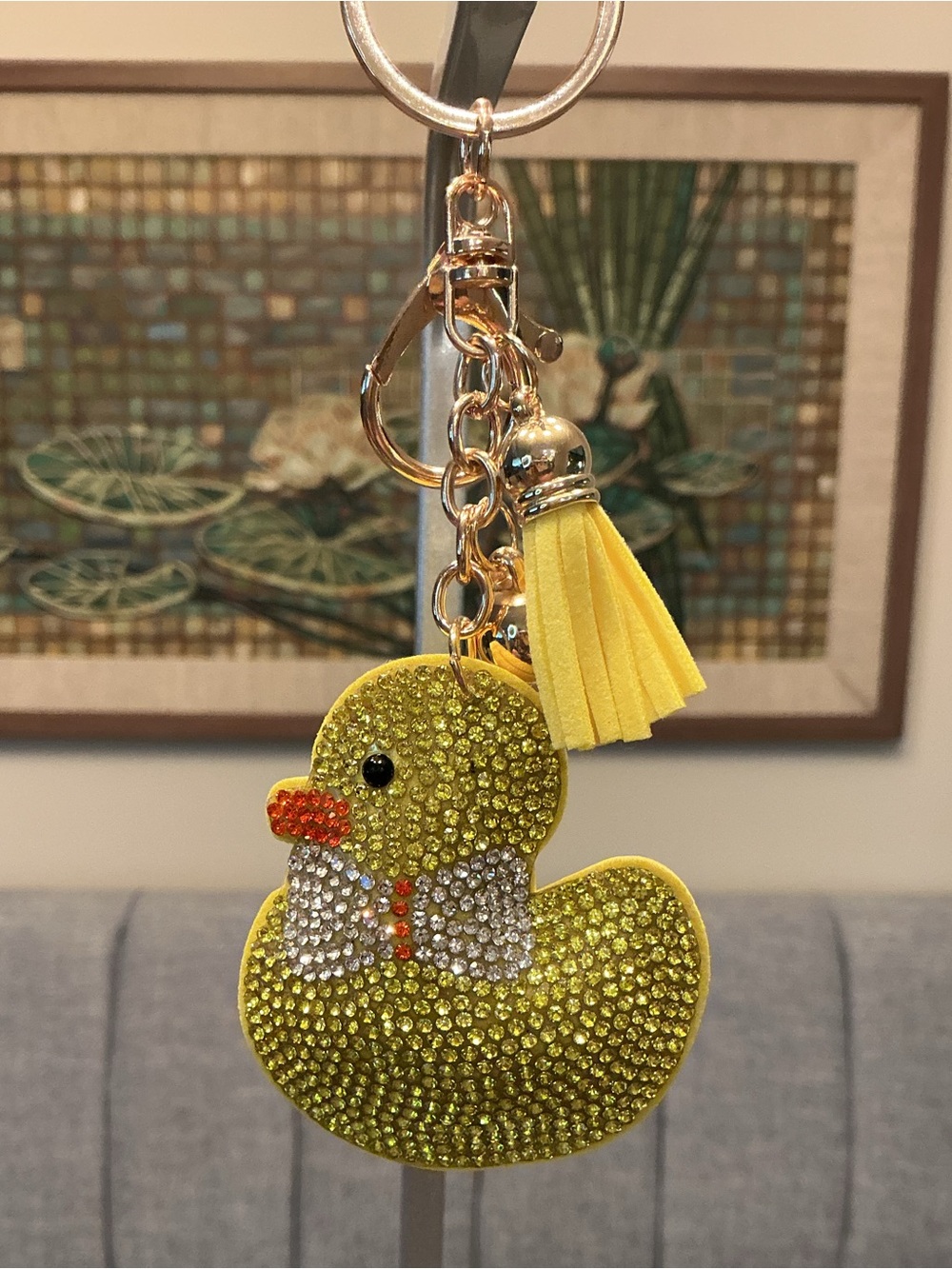 Yellow Puffy Rhinestone Duck Keychain/Bag Charm with Tassel NWT